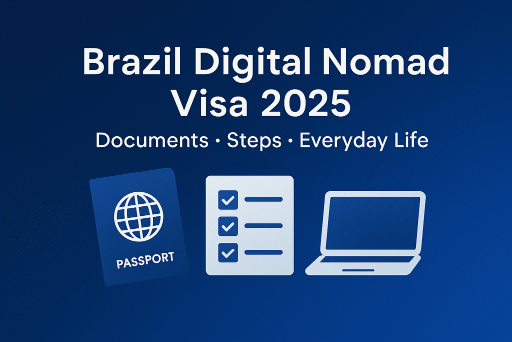 Brazil digital nomad visa 2025 cover image with passport, checklist and remote work icons.